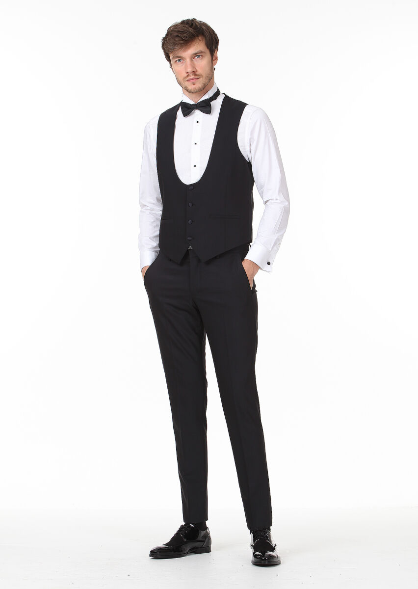 Black Slim Fit Butterfly Collar Classical Waistcoat - 3