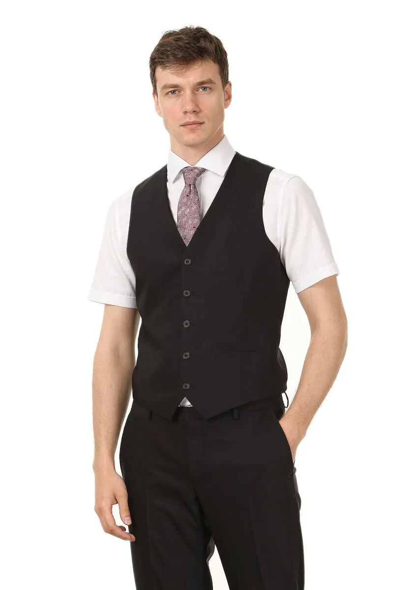 Black Slim Fit Butterfly Collar Classical Waistcoat - 1
