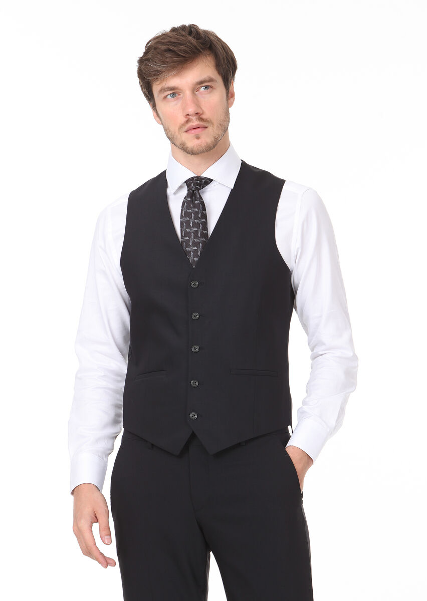 Black Slim Fit Butterfly Collar Classical Waistcoat - 1