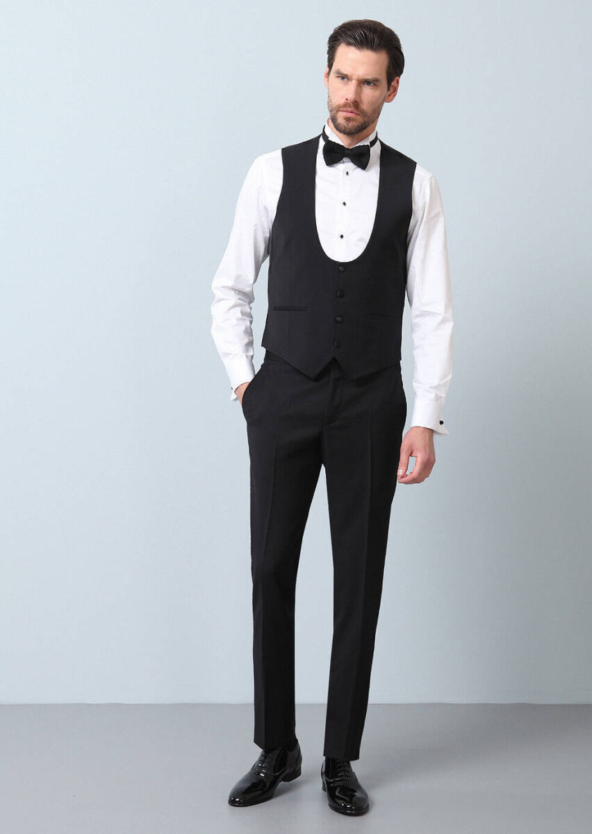 Black Slim Fit Butterfly Collar Classical Waistcoat - 2