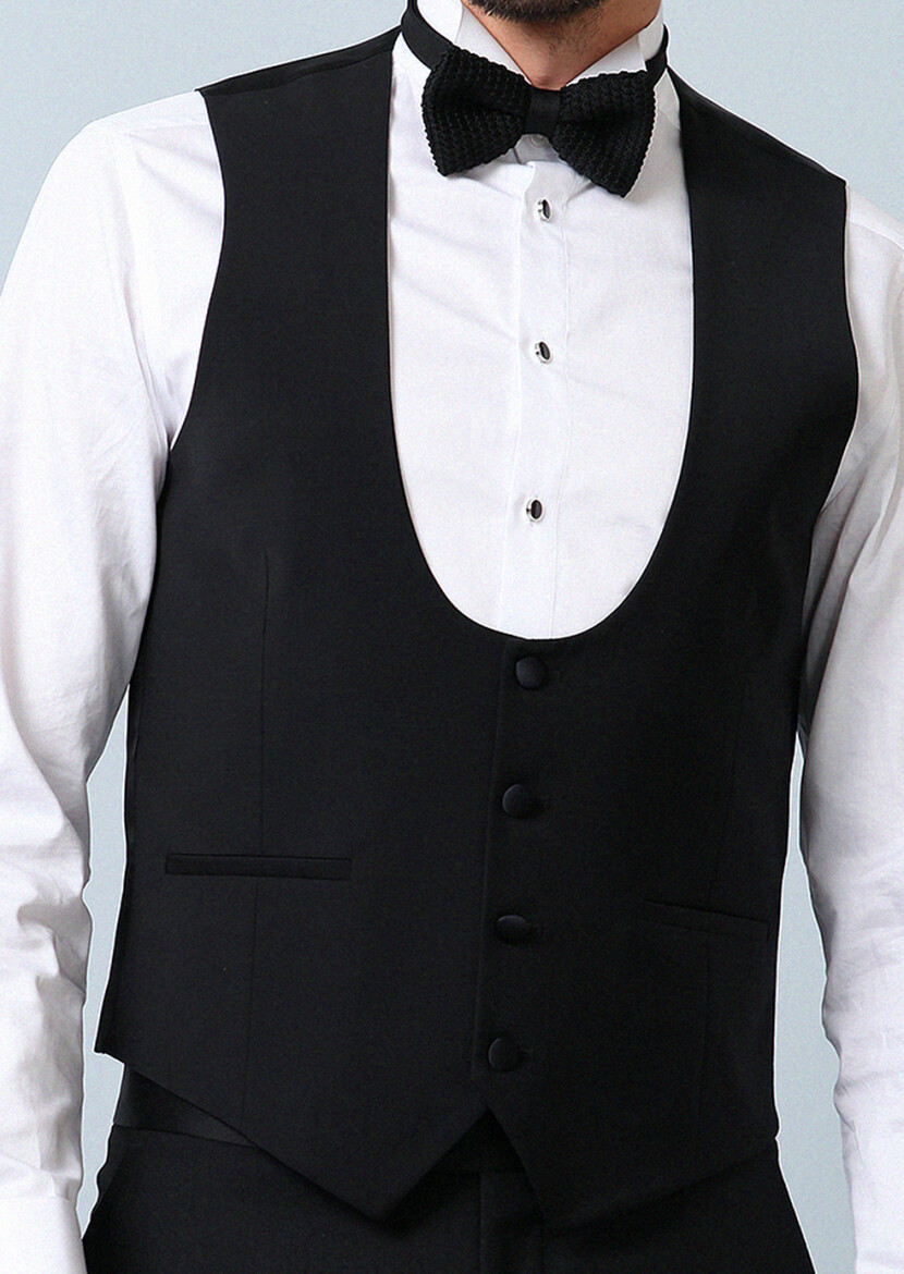Black Slim Fit Butterfly Collar Classical Waistcoat - 3