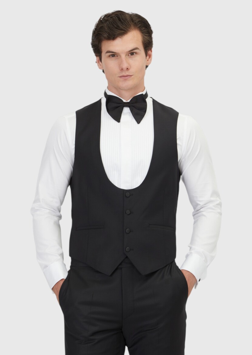 Black Slim Fit Butterfly Collar Classical Waistcoat - 1