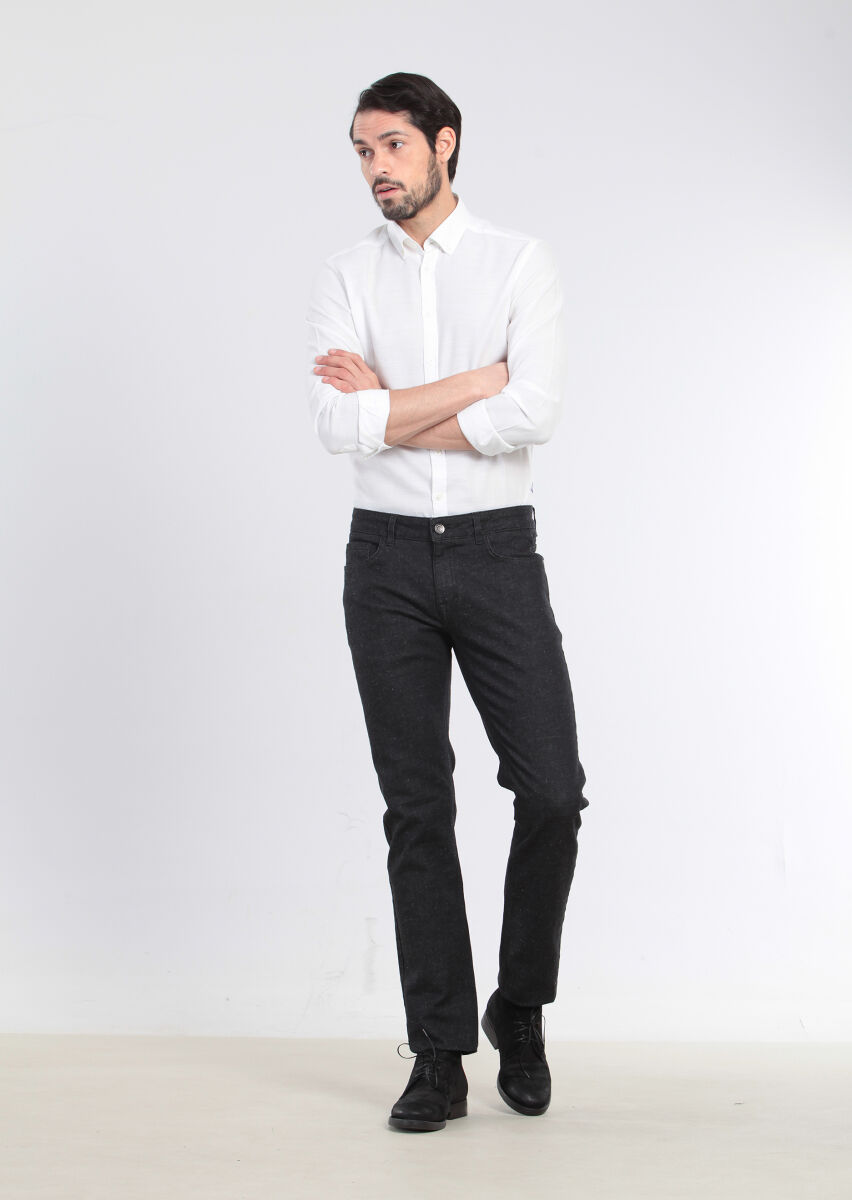 Black Slim Fit Denim Cotton Blended Trousers - 1