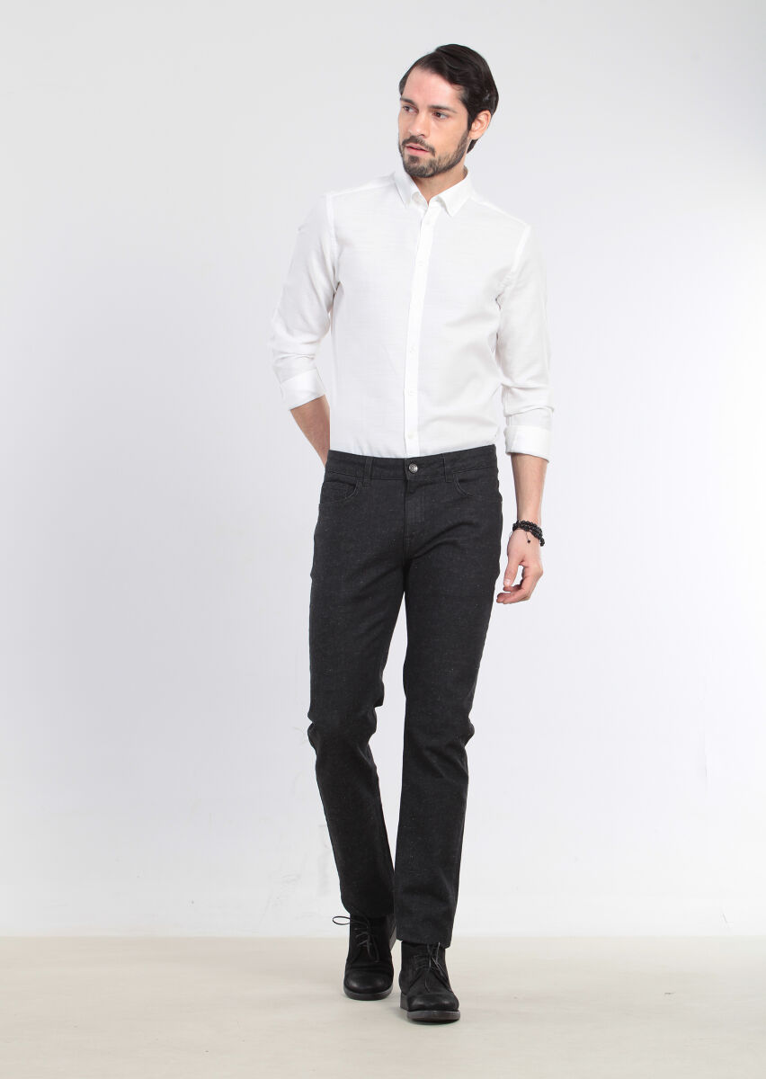 Black Slim Fit Denim Cotton Blended Trousers - 3