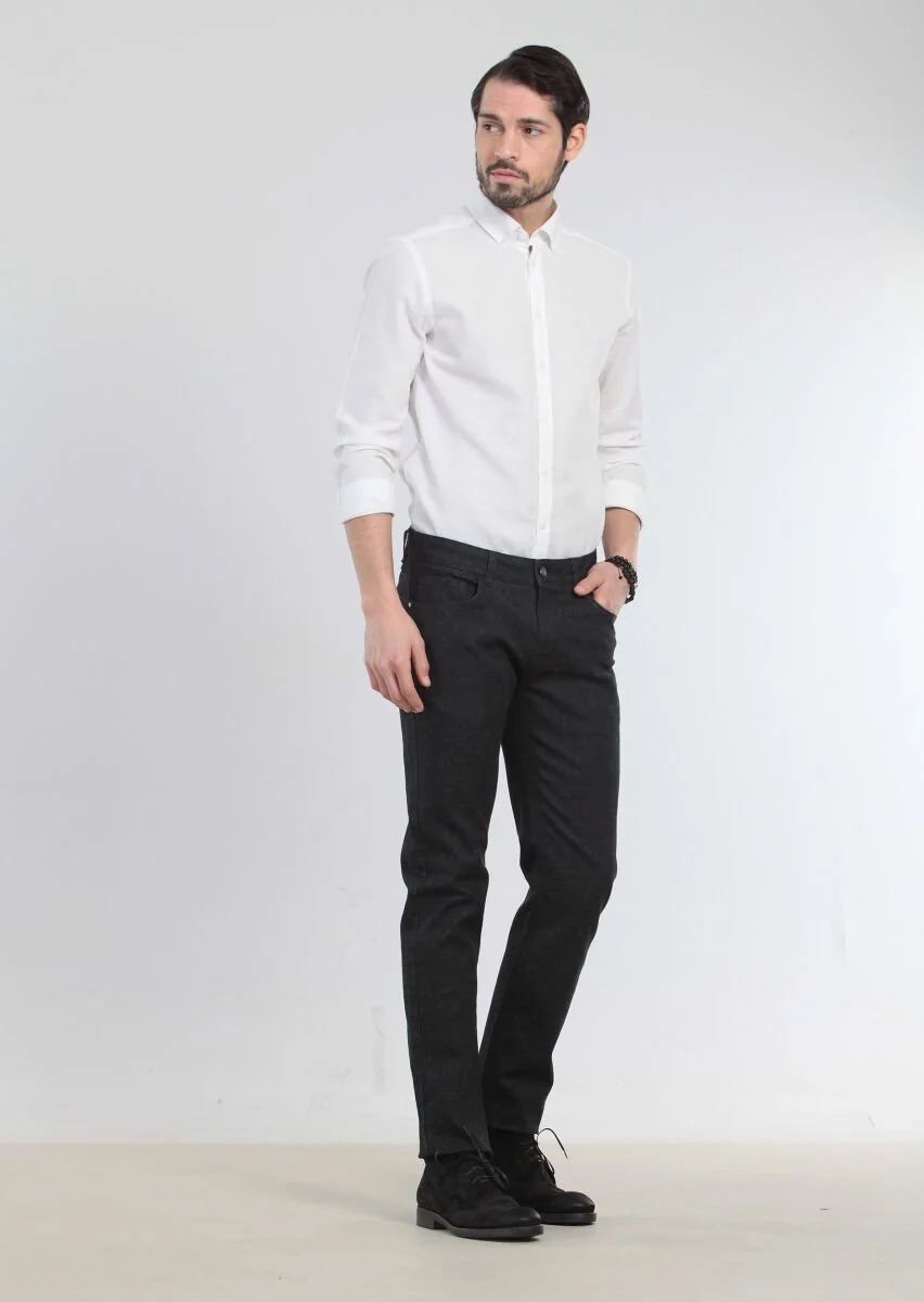 Black Slim Fit Denim Cotton Blended Trousers - 2
