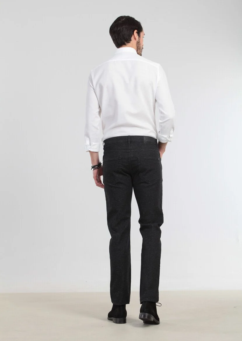 Black Slim Fit Denim Cotton Blended Trousers - 5