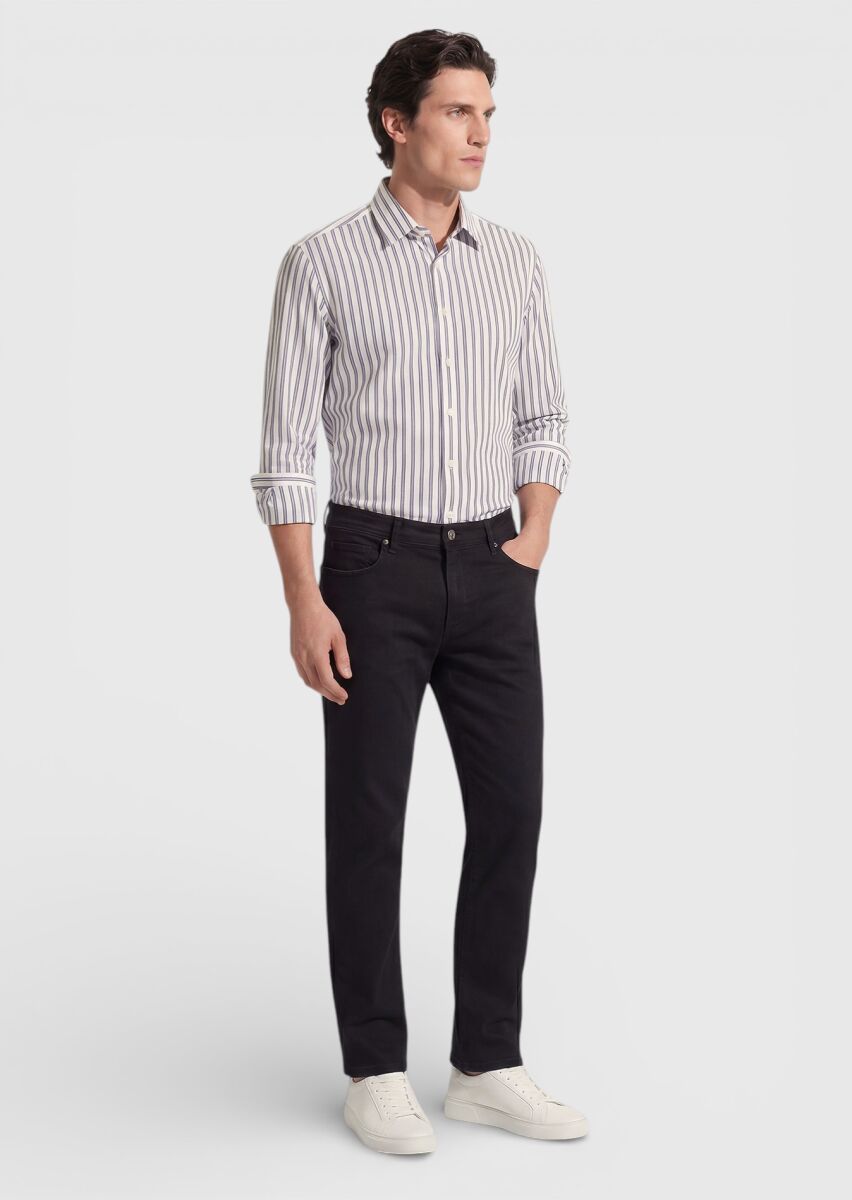 Black Slim Fit Denim Cotton Blended Trousers - 1