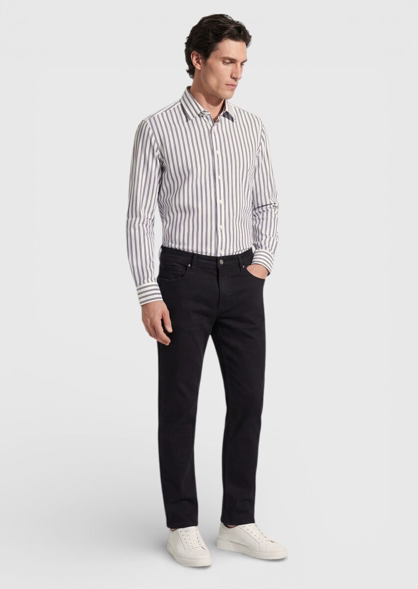 Black Slim Fit Denim Cotton Blended Trousers - 4