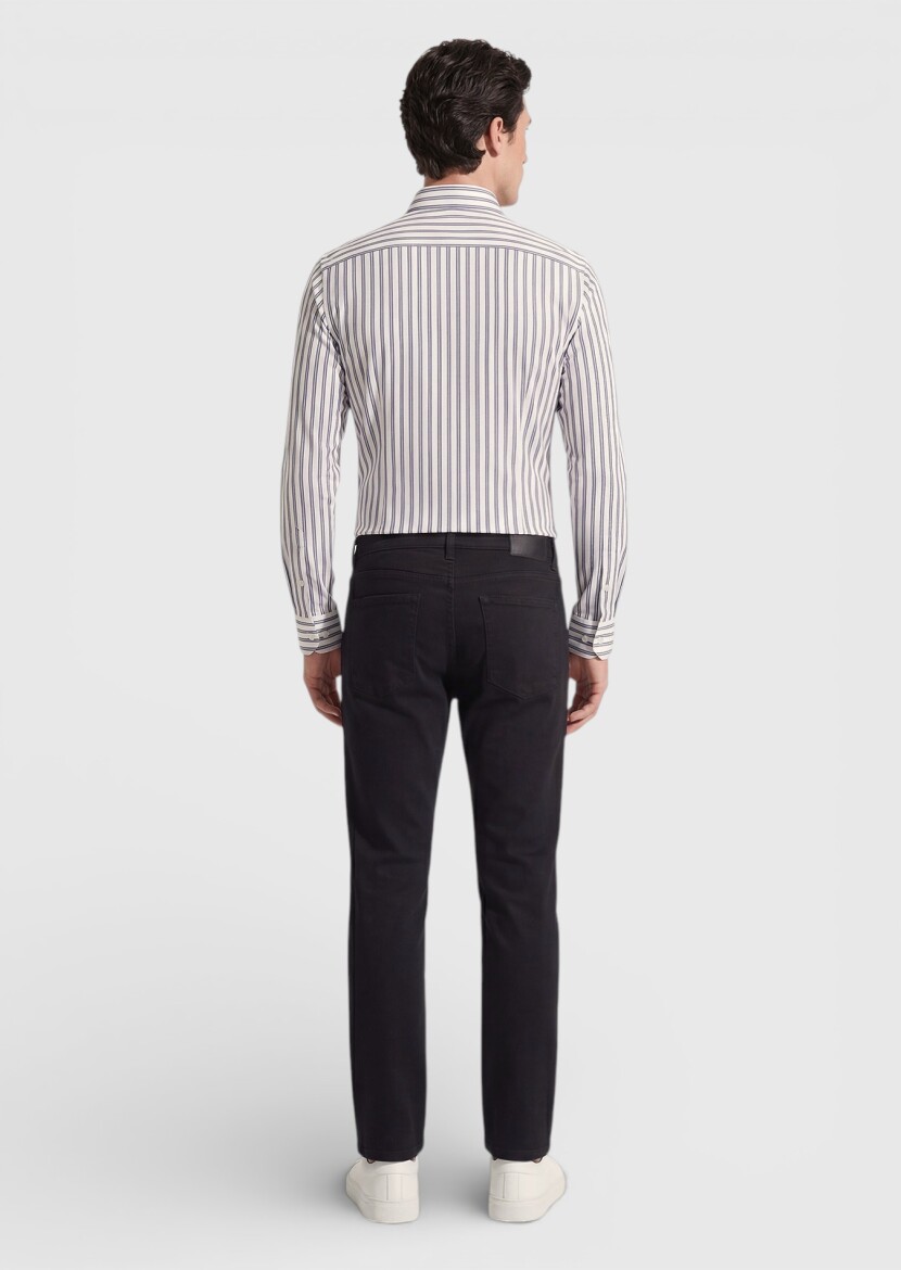 Black Slim Fit Denim Cotton Blended Trousers - 5