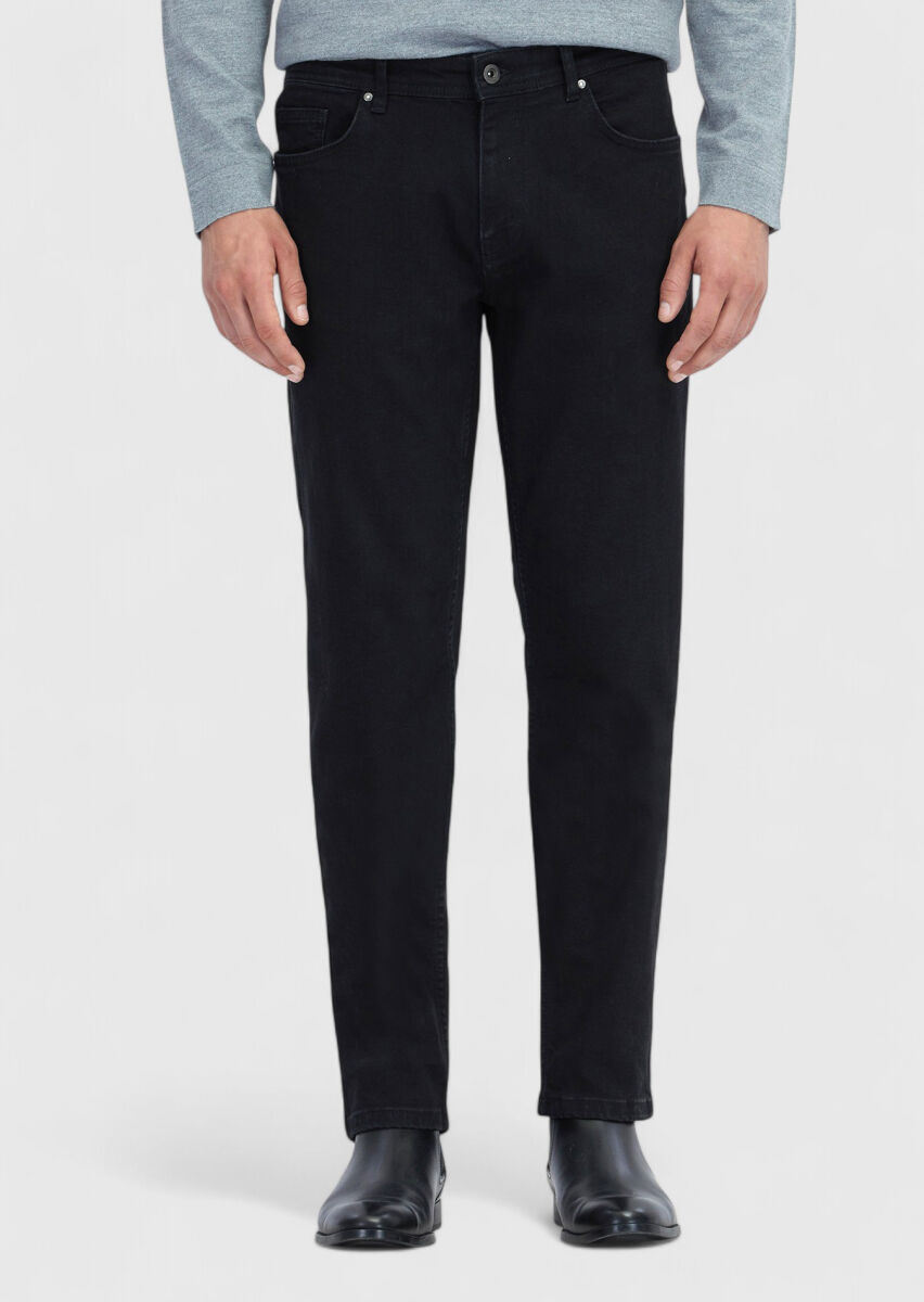Black Slim Fit Denim Cotton Blended Trousers - 2