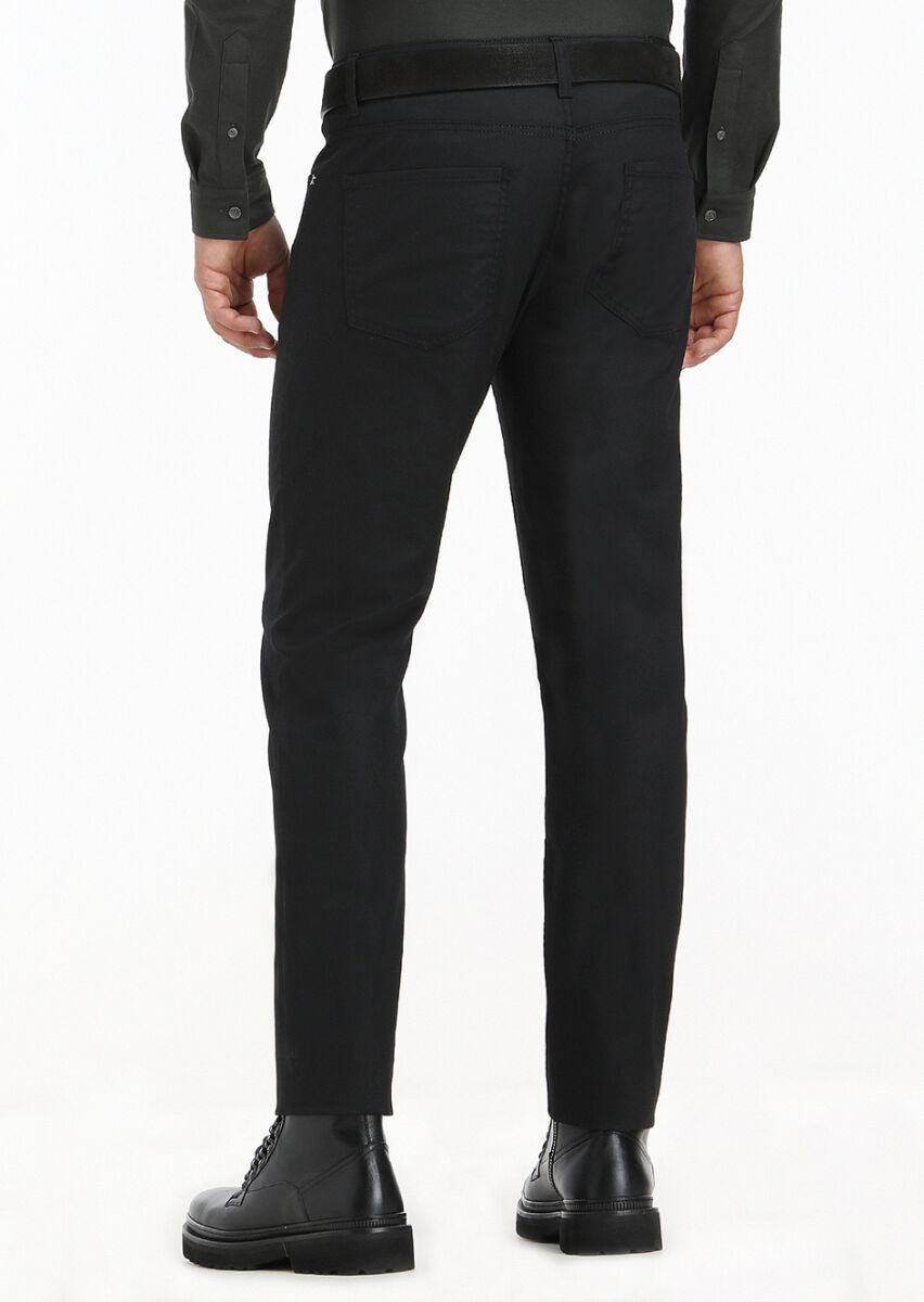 Black Slim Fit Denim Cotton Blended Trousers - 4