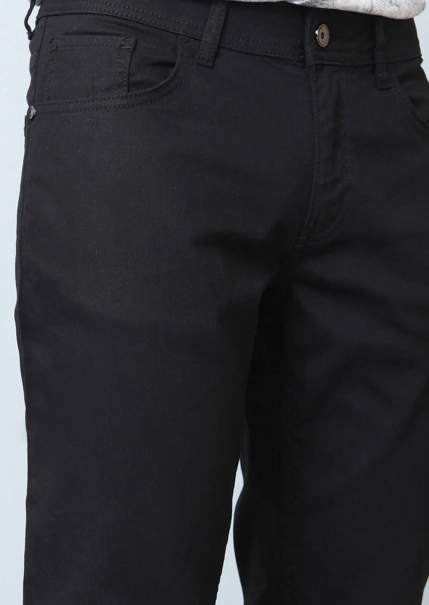 Black Slim Fit Denim Cotton Blended Trousers - 2