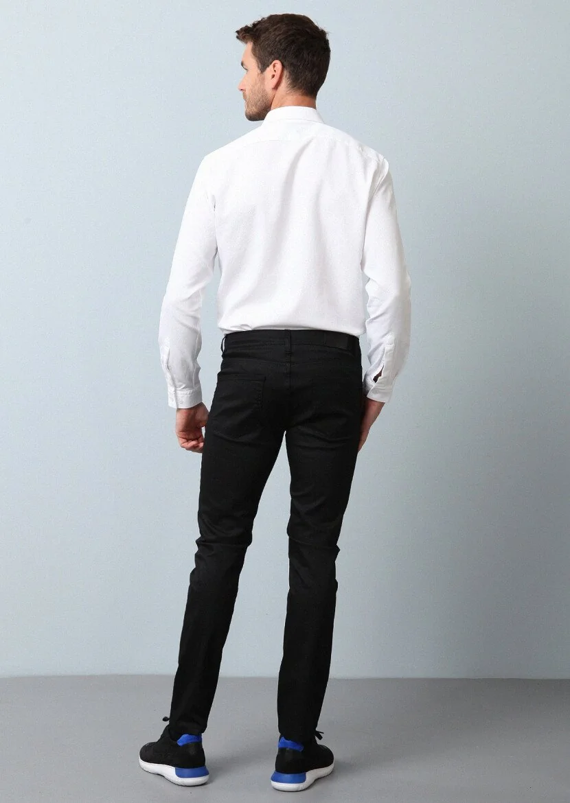 Black Slim Fit Denim Cotton Blended Trousers - 5