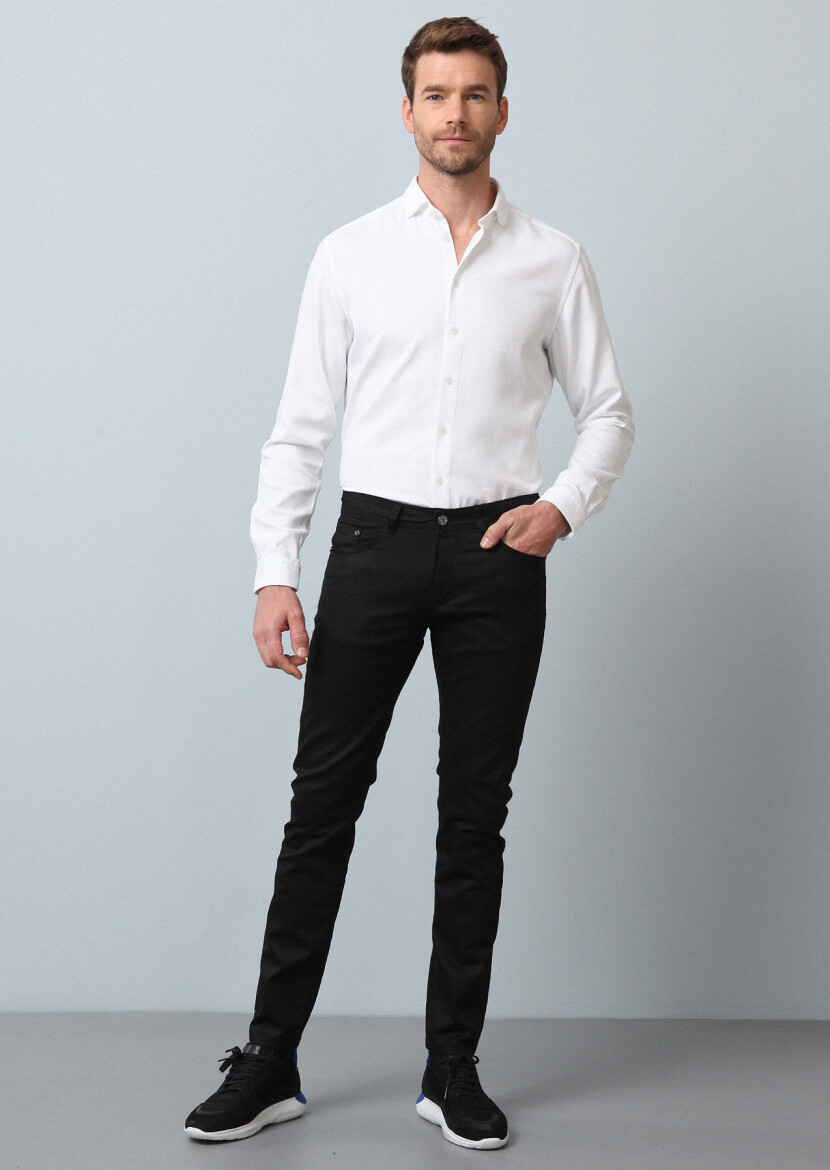 Black Slim Fit Denim Cotton Blended Trousers - 1