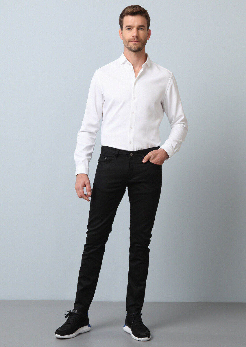 Black Slim Fit Denim Cotton Blended Trousers - 1