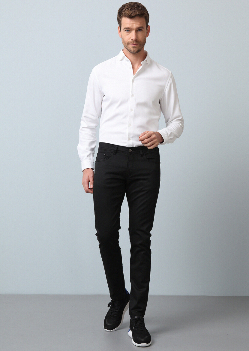 Black Slim Fit Denim Cotton Blended Trousers 