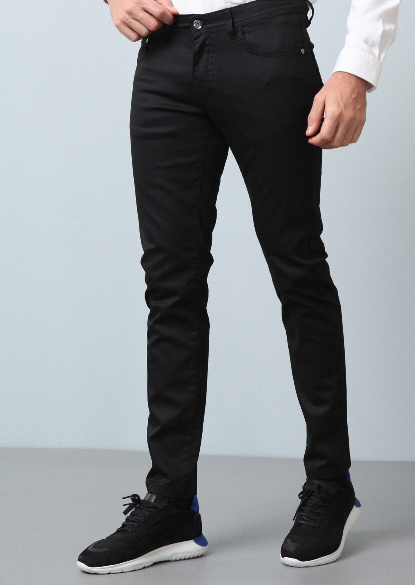 Black Slim Fit Denim Cotton Blended Trousers - 3