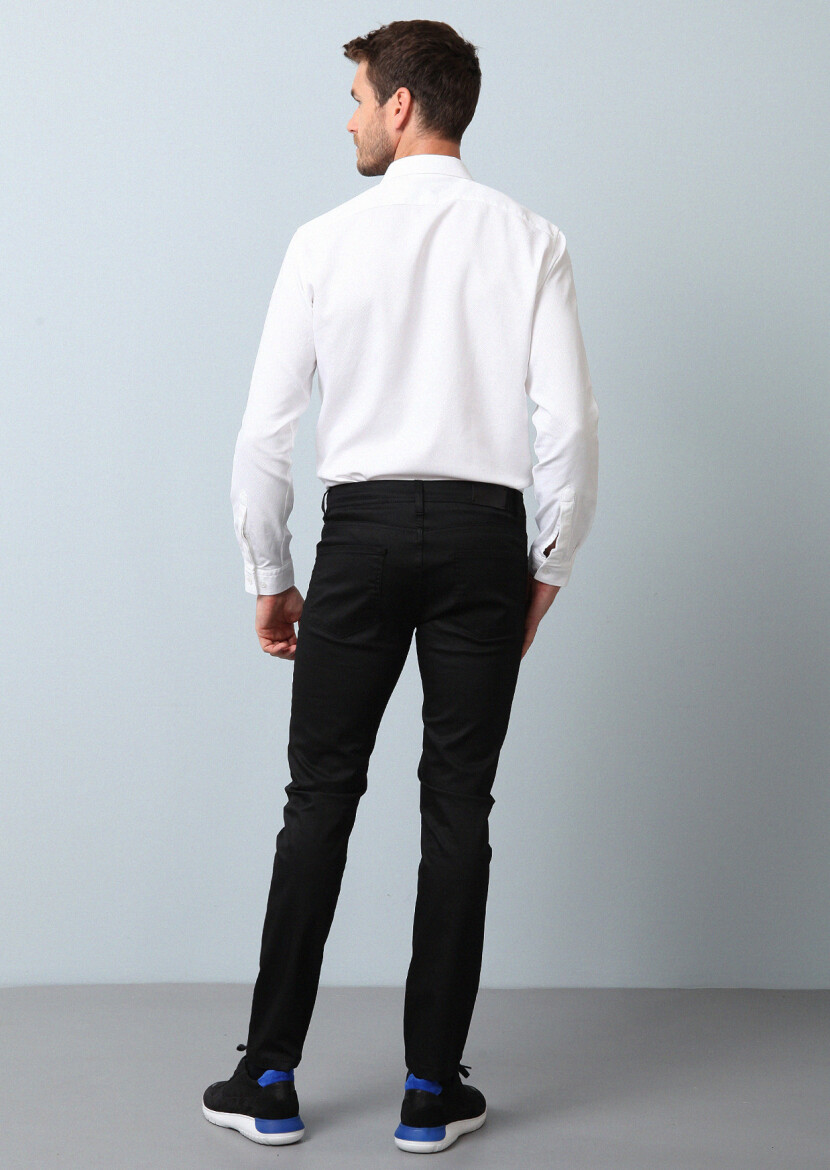 Black Slim Fit Denim Cotton Blended Trousers - 5