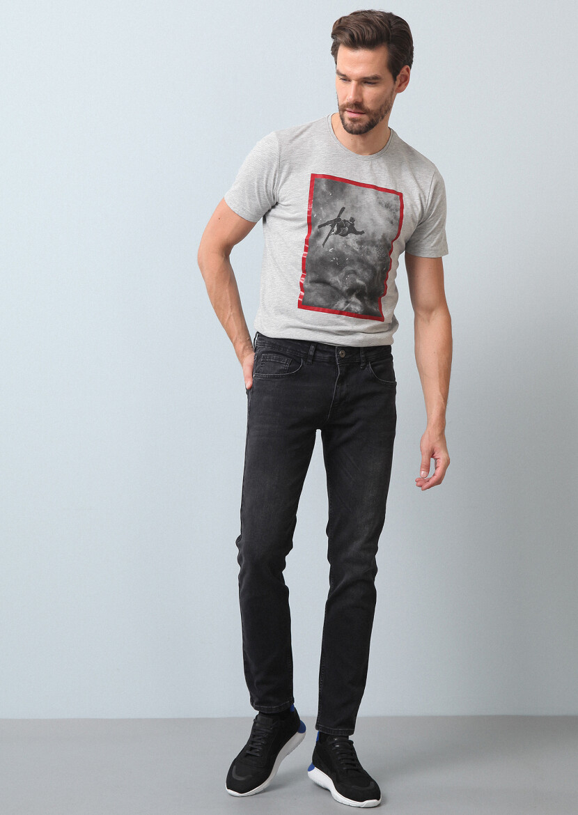 Black Slim Fit Denim Cotton Blended Trousers - 1