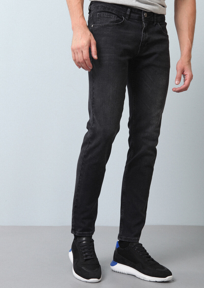 Black Slim Fit Denim Cotton Blended Trousers - 2