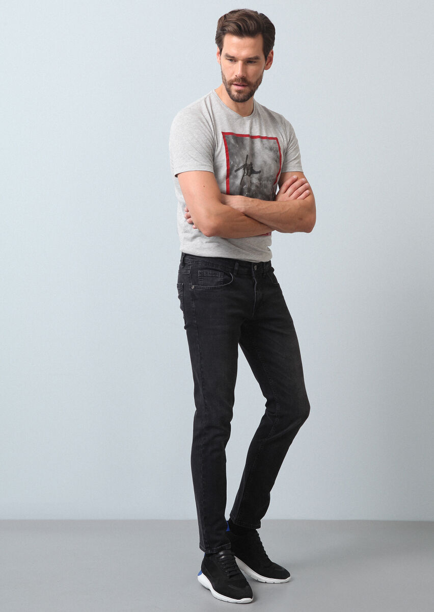 Black Slim Fit Denim Cotton Blended Trousers - 4