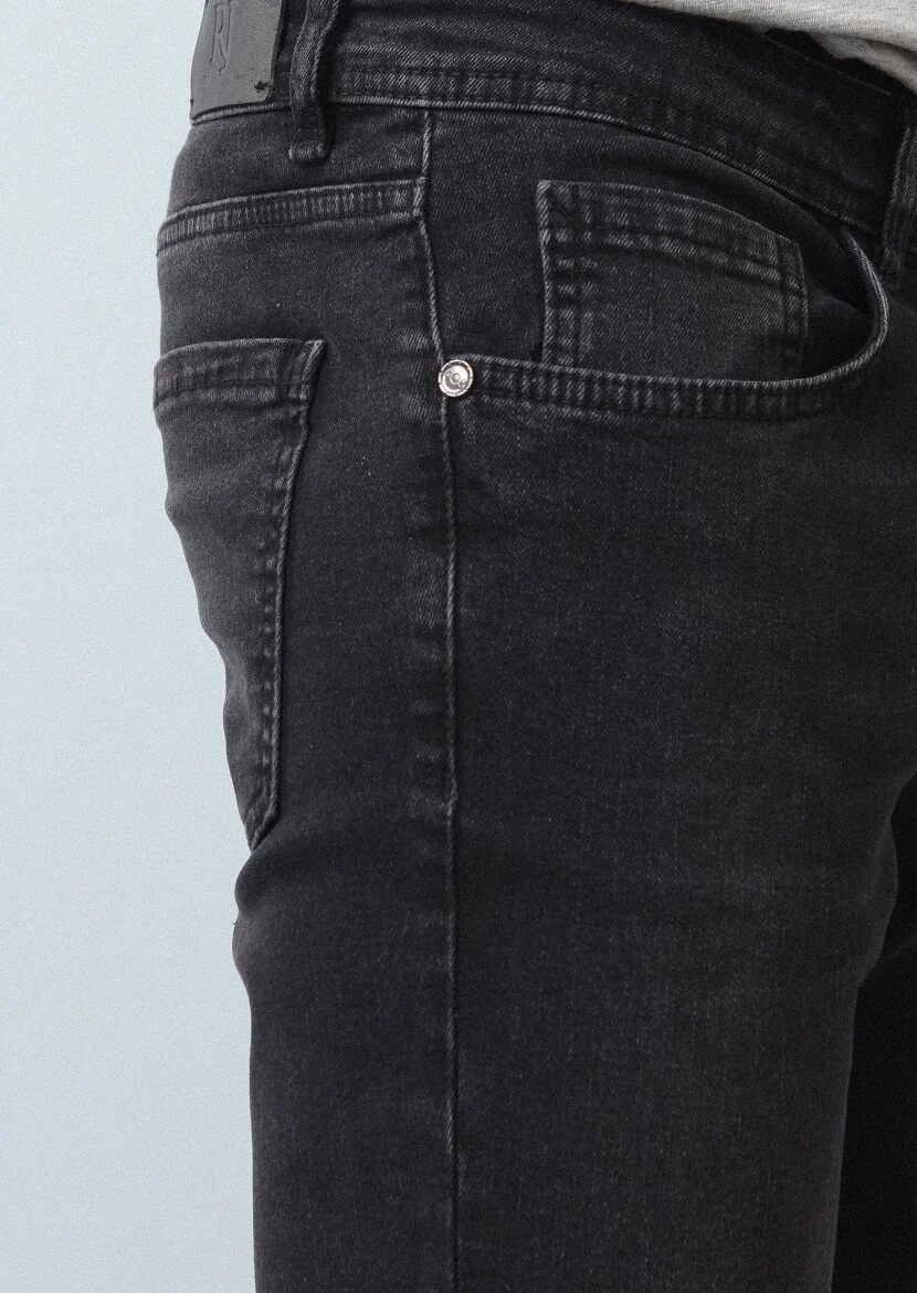 Black Slim Fit Denim Cotton Blended Trousers - 3