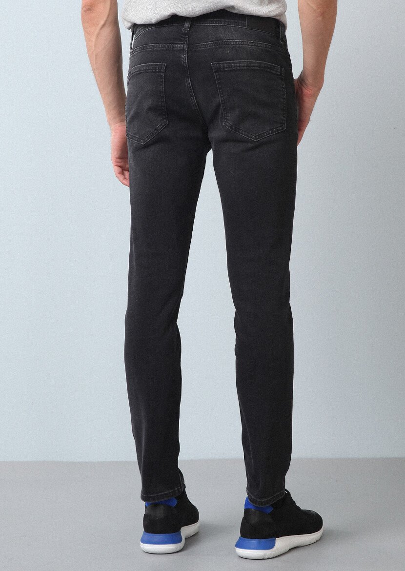 Black Slim Fit Denim Cotton Blended Trousers - 5