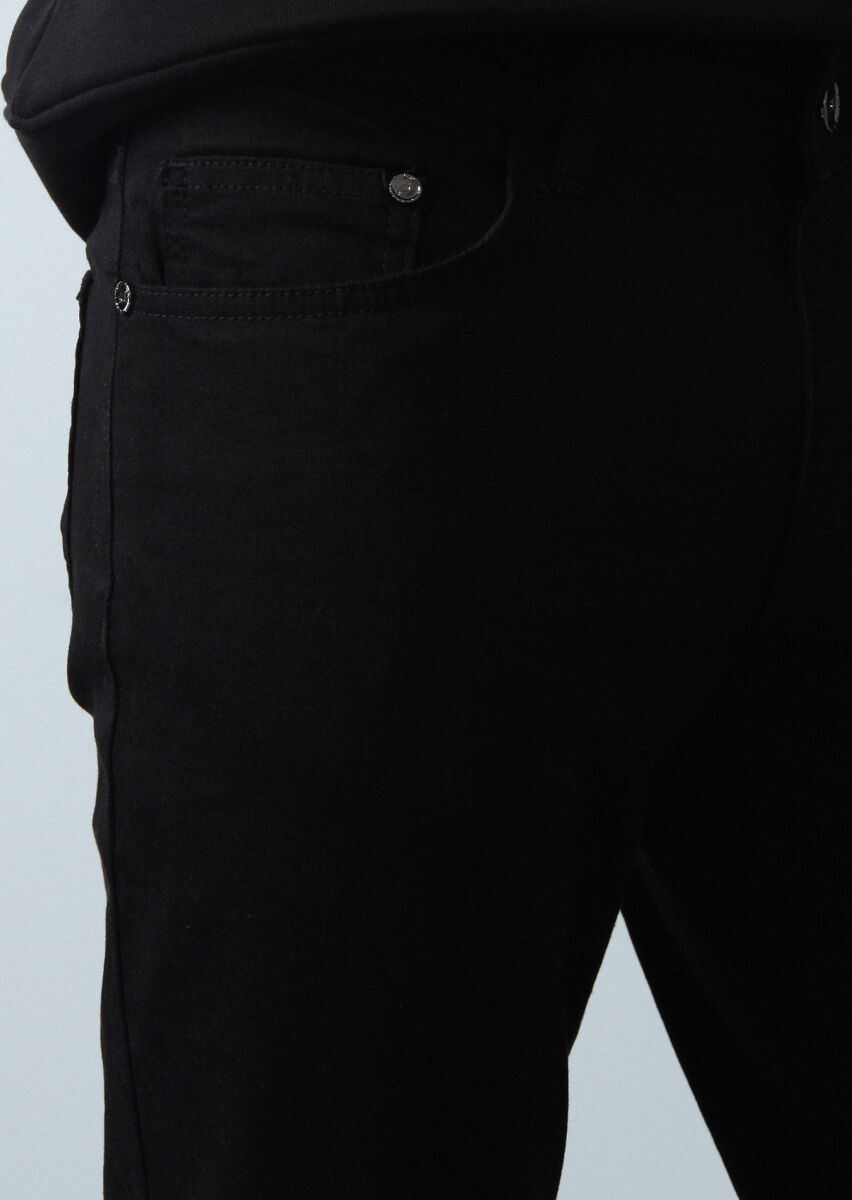 Black Slim Fit Denim Cotton Blended Trousers - 4