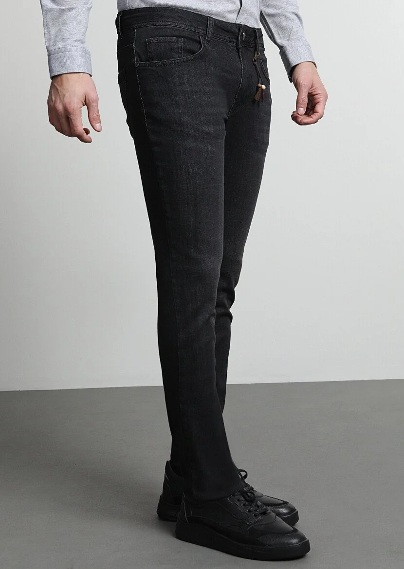 Black Slim Fit Denim Cotton Blended Trousers - 2