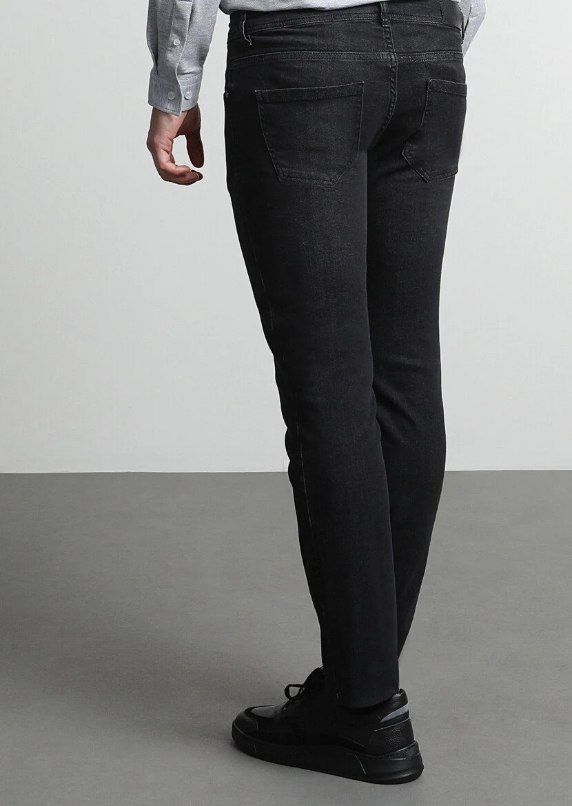 Black Slim Fit Denim Cotton Blended Trousers - 4