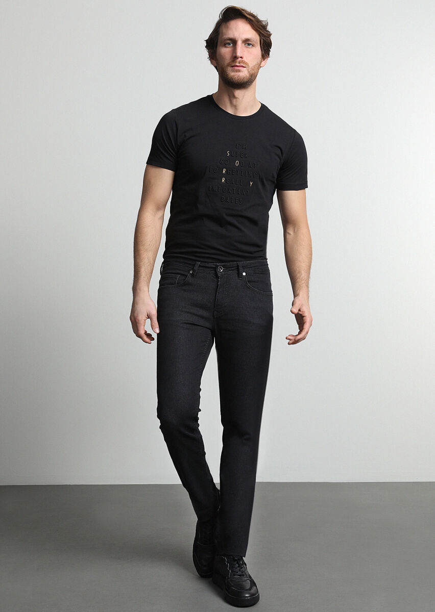 Black Slim Fit Denim Cotton Blended Trousers - 1