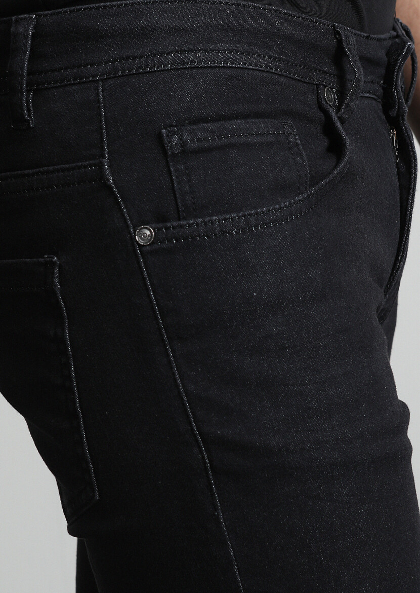 Black Slim Fit Denim Cotton Blended Trousers - 2