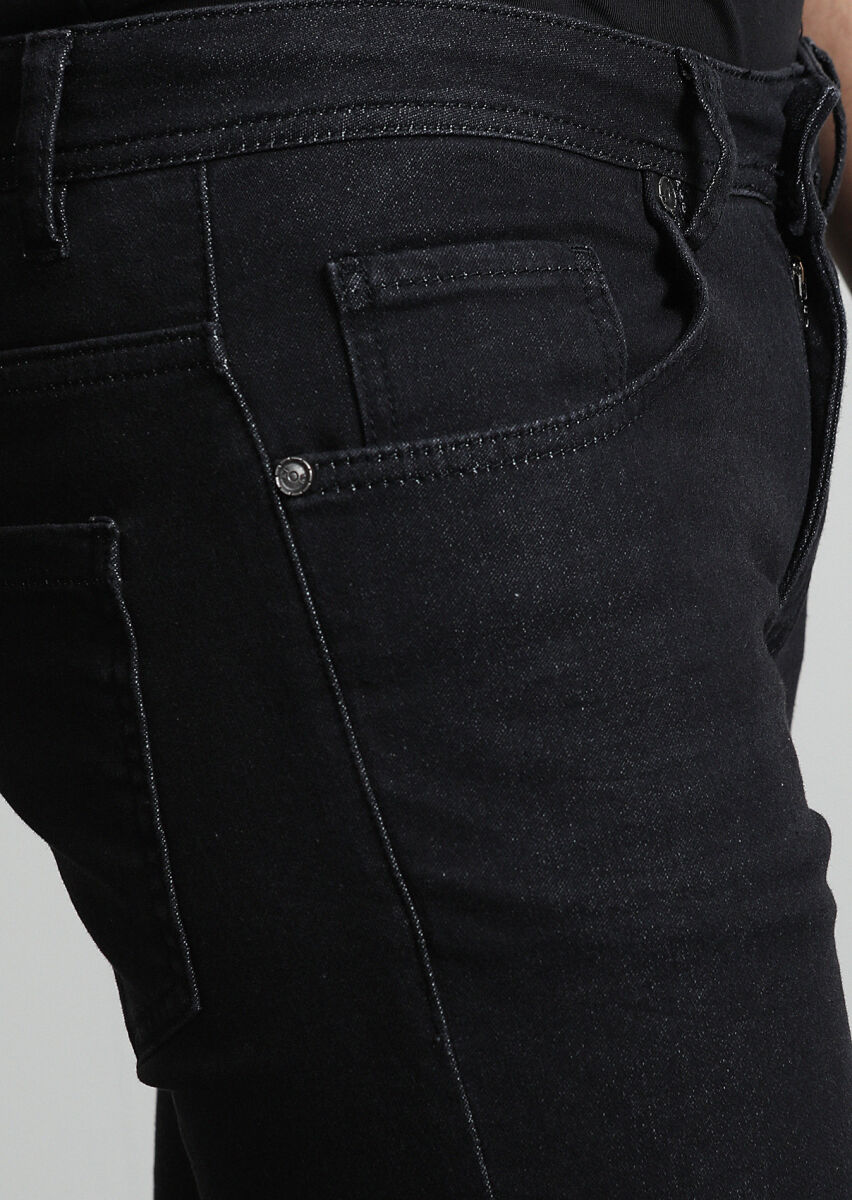 Black Slim Fit Denim Cotton Blended Trousers - 2