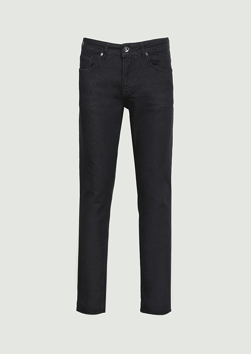 Black Slim Fit Denim Cotton Blended Trousers - 5