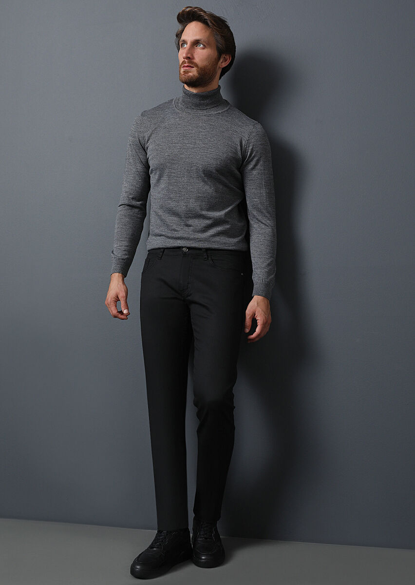 Black Slim Fit Denim Cotton Blended Trousers - 1