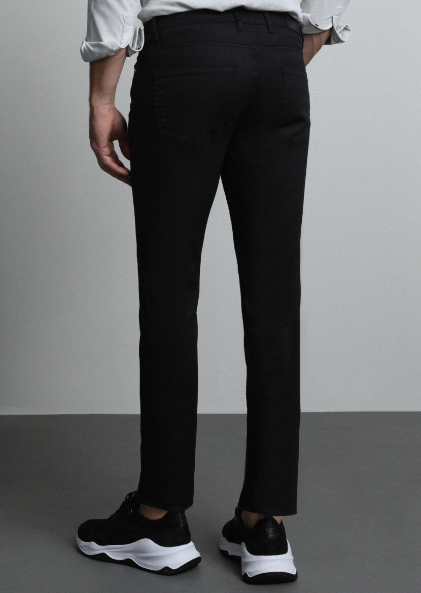 Black Slim Fit Denim Cotton Blended Trousers - 5