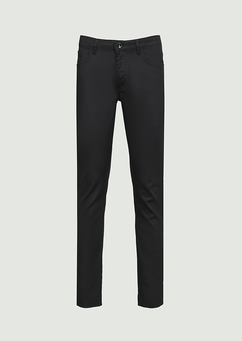 Black Slim Fit Denim Cotton Blended Trousers - 6