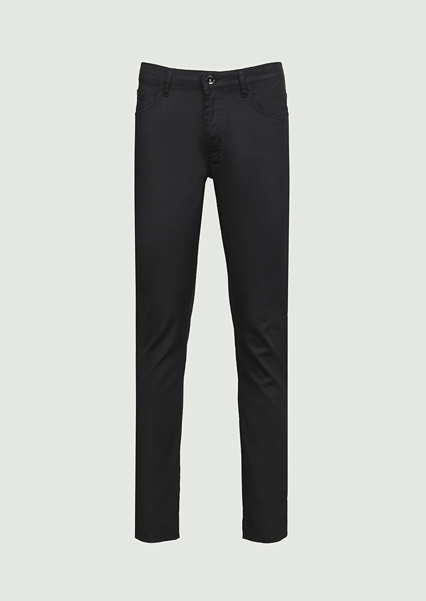 Black Slim Fit Denim Cotton Blended Trousers - 6