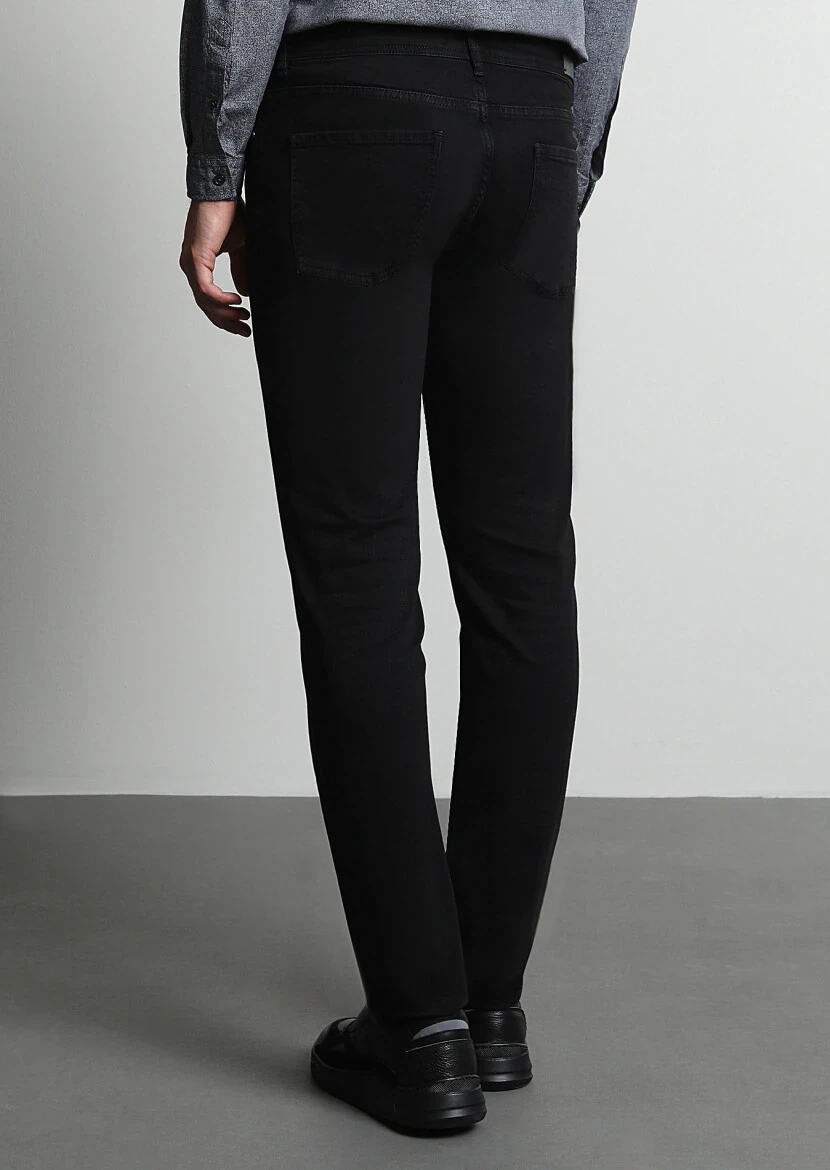 Black Slim Fit Denim Cotton Blended Trousers - 5