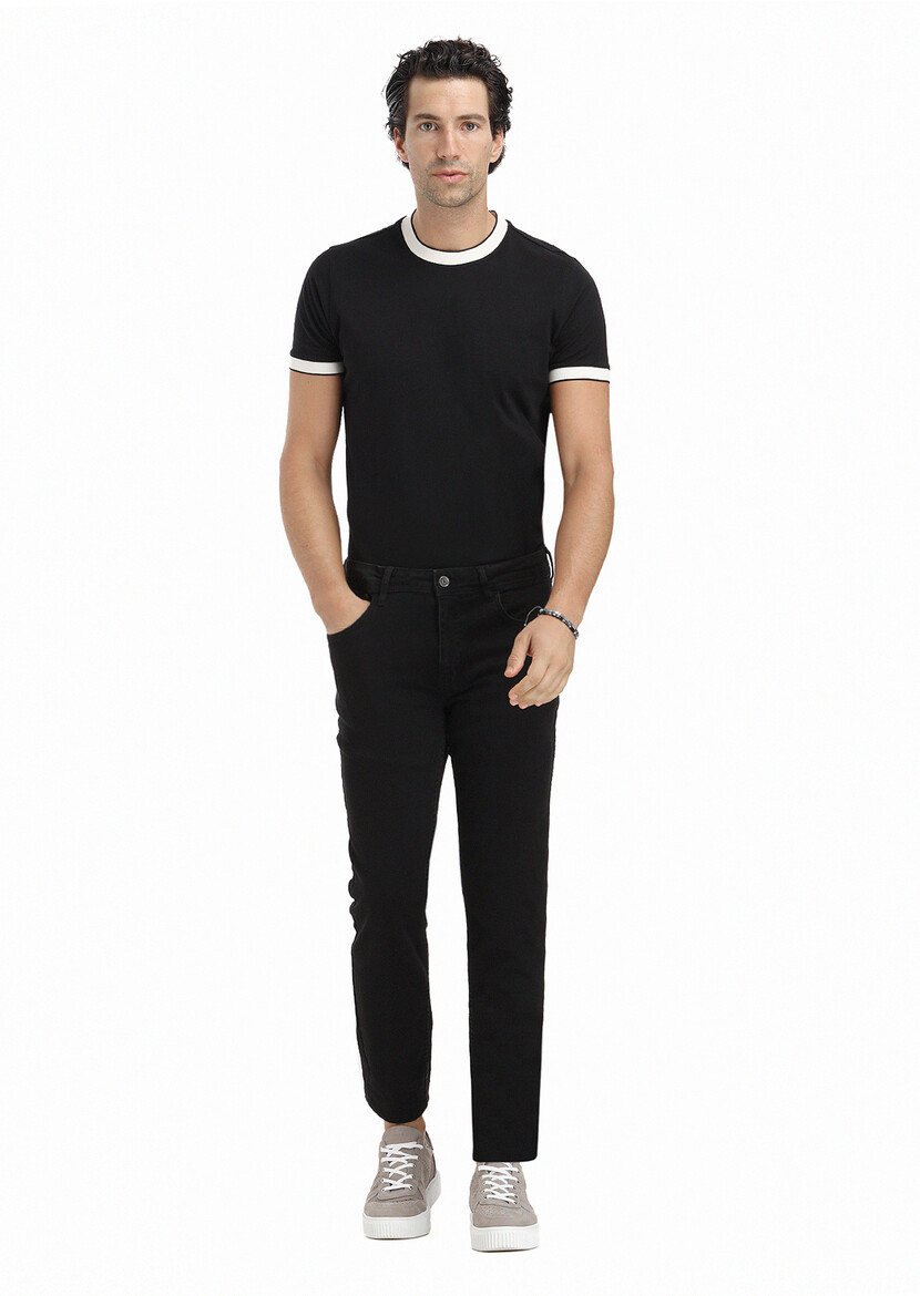 Black Slim Fit Denim Cotton Blended Trousers - 1