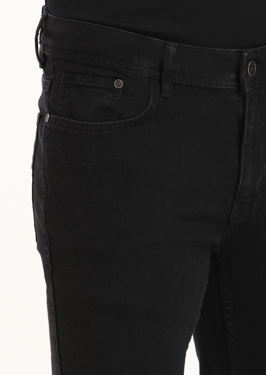 Black Slim Fit Denim Cotton Blended Trousers - 3