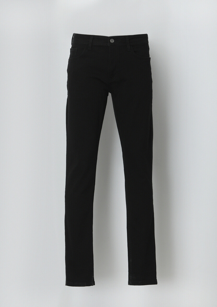 Black Slim Fit Denim Cotton Blended Trousers - 5