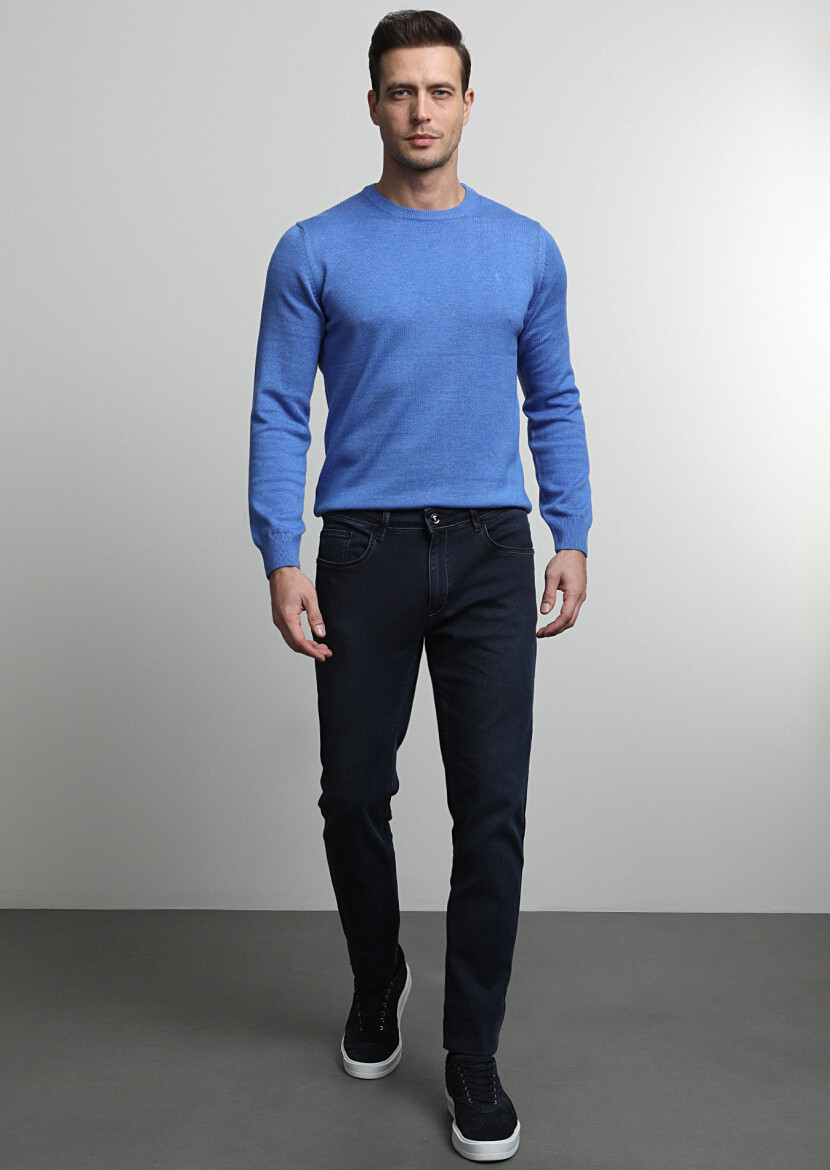 Black Slim Fit Denim Cotton Blended Trousers - 1
