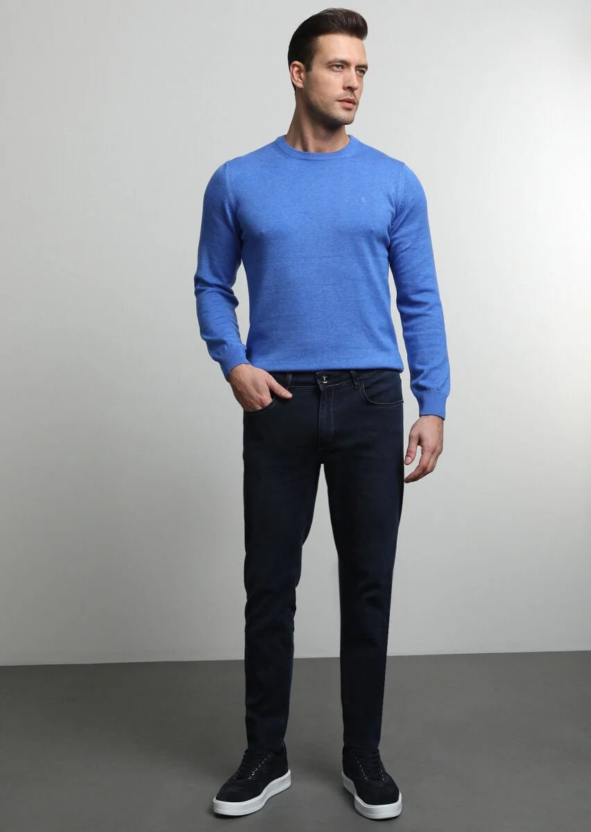 Black Slim Fit Denim Cotton Blended Trousers - 2