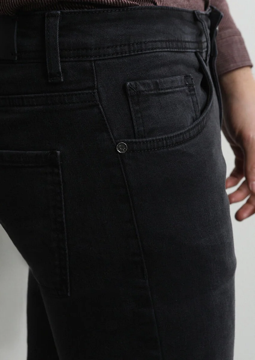 Black Slim Fit Denim Cotton Blended Trousers - 2