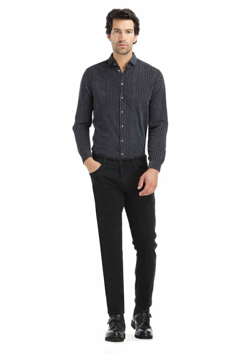 Black Slim Fit Denim Cotton Blended Trousers - 1