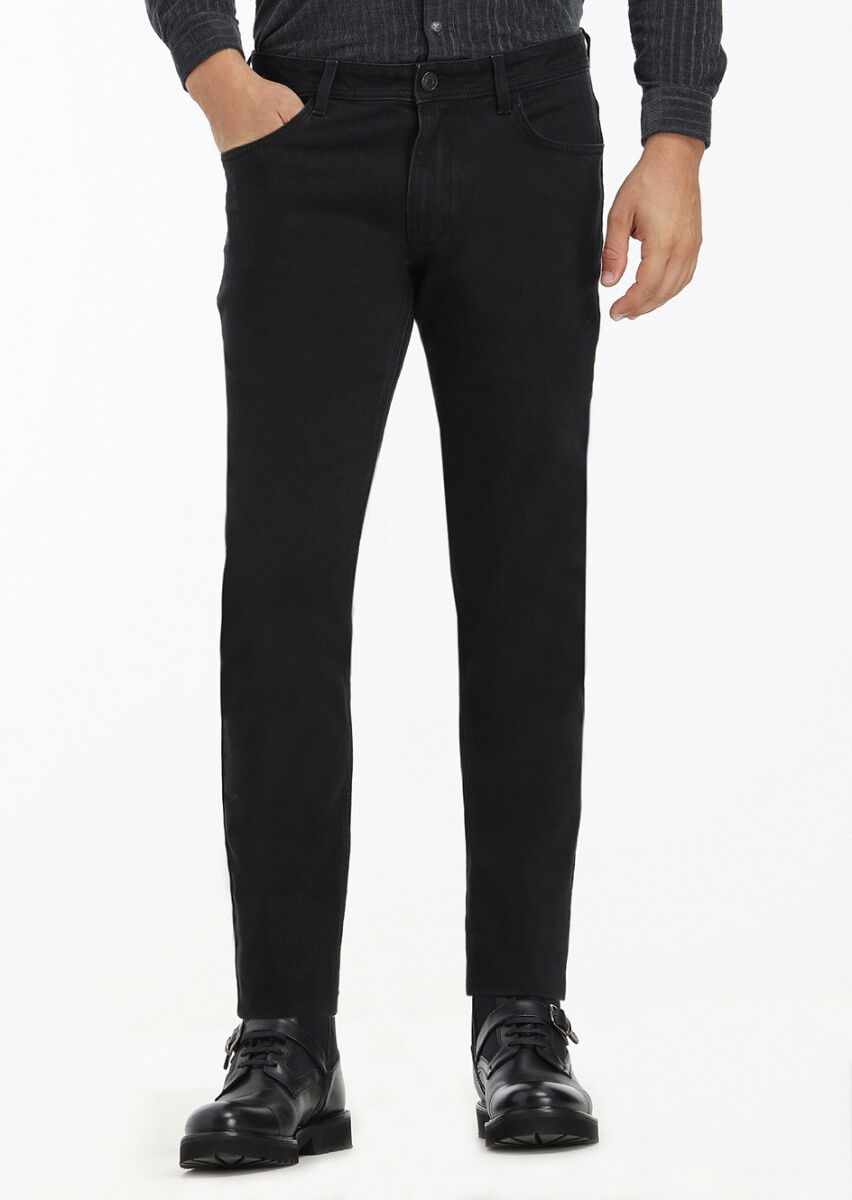 Black Slim Fit Denim Cotton Blended Trousers - 2