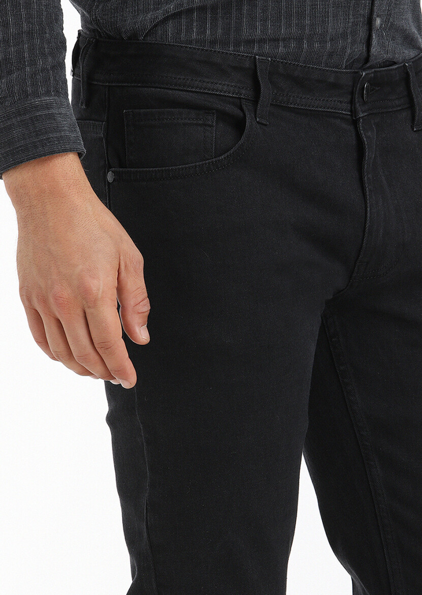 Black Slim Fit Denim Cotton Blended Trousers - 3