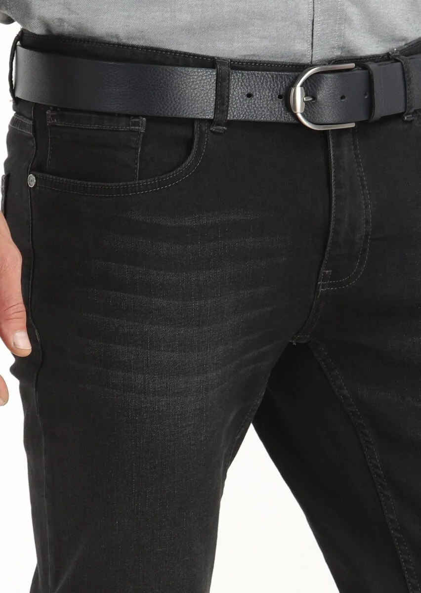 Black Slim Fit Denim Cotton Blended Trousers - 3