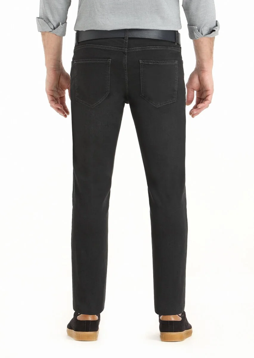 Black Slim Fit Denim Cotton Blended Trousers - 4